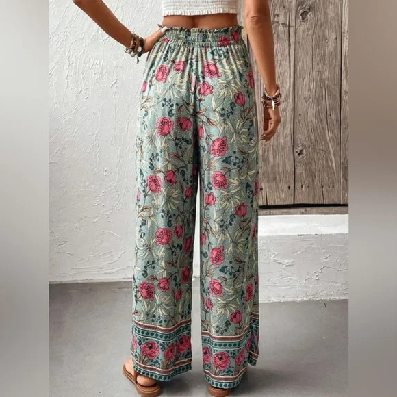 Bohemian Floral Paisley Wide Leg Pant Festival Travel Beach - Picture 3 of 3